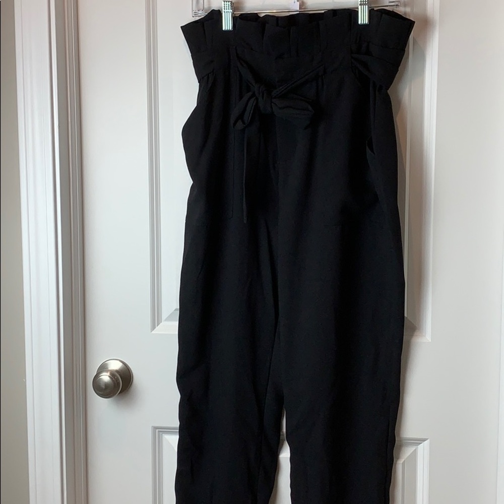 High waisted black paper bag pants